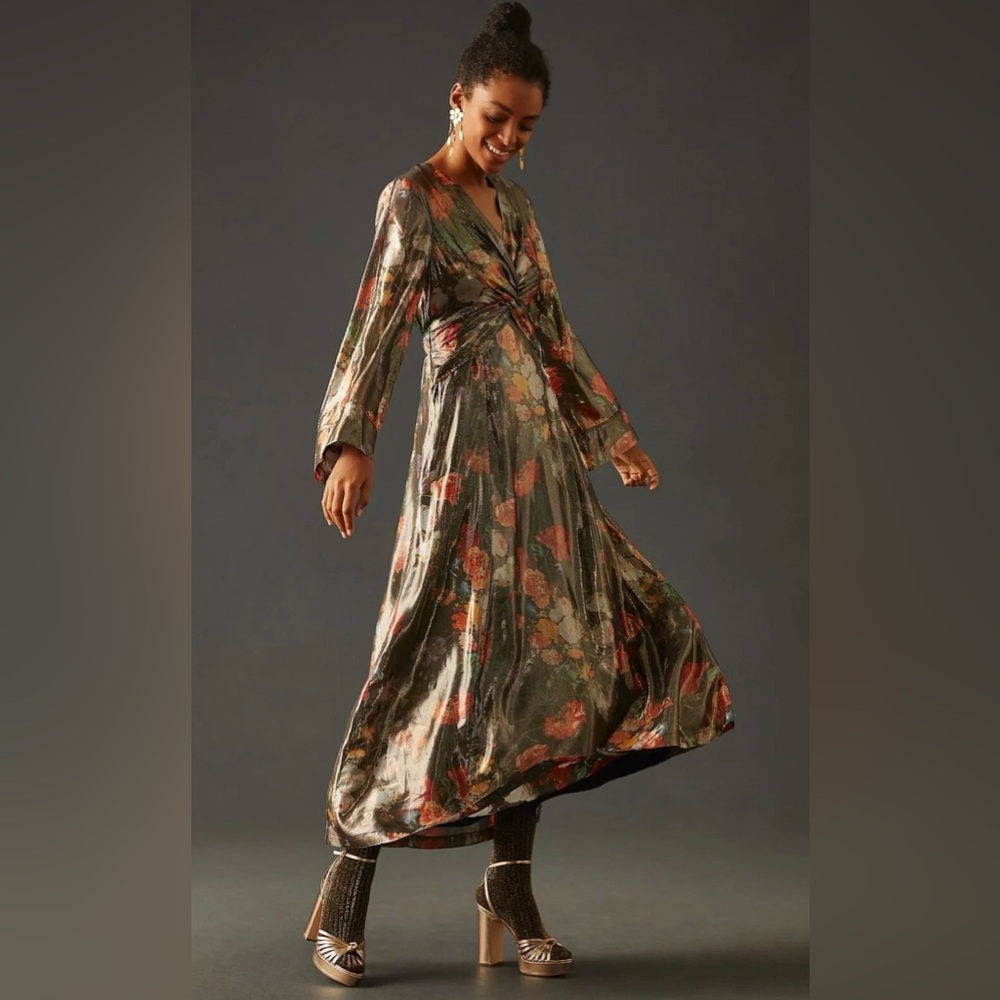 Anthropologie Caballero V-Neck Maxi Dress in a floral metallic shimmer fabric